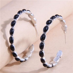 Retro Turquoise Inlaid Metallic Exaggerated Women Temperament Wholesale Fashion Earrings - Black