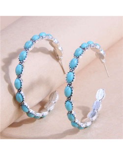 Retro Turquoise Inlaid Metallic Exaggerated Women Temperament Wholesale Fashion Earrings - Teal