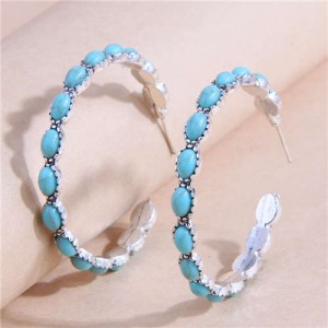 Retro Turquoise Inlaid Metallic Exaggerated Women Temperament Wholesale Fashion Earrings - Teal
