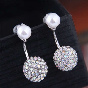 Korean Fashion Copper Cubic Zirconia Ball Shape Pearl Stud Wholesale Earrings