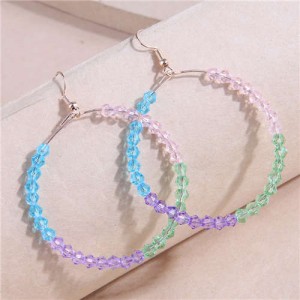 Korean Fashion Contrast Colors Beads Decorated Big Hoop Women Wholesale Costume Earrings