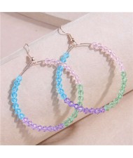 Korean Fashion Contrast Colors Beads Decorated Big Hoop Women Wholesale Costume Earrings