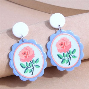 Rose Image Blue Retro Style Women Drop Wholesale Costume Earrings
