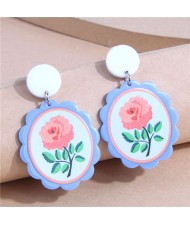 Rose Image Blue Retro Style Women Drop Wholesale Costume Earrings