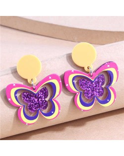 Korean Fashion Unique Hollow Design Popular Butterfly Women Wholesale Drop Earrings - Purple