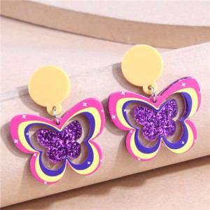 Korean Fashion Unique Hollow Design Popular Butterfly Women Wholesale Drop Earrings - Purple