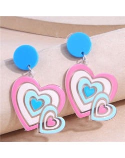 Heart-to-heart Design Women Fashion Costume Wholesale Drop Earrings - Blue and Pink