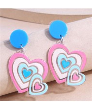 Heart-to-heart Design Women Fashion Costume Wholesale Drop Earrings - Blue and Pink