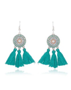 Sunflower Long Cotton Thread Tassel Scallop Boho Fashion Wholesale Earrings - Teal