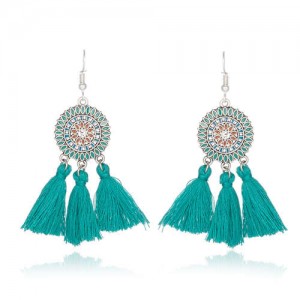 Sunflower Long Cotton Thread Tassel Scallop Boho Fashion Wholesale Earrings - Teal