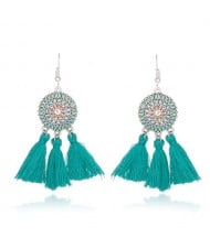 Sunflower Long Cotton Thread Tassel Scallop Boho Fashion Wholesale Earrings - Teal
