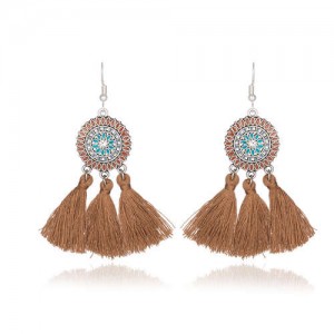 Sunflower Long Cotton Thread Tassel Scallop Boho Fashion Wholesale Earrings - Coffee