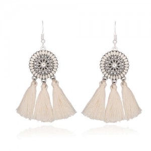 Sunflower Long Cotton Thread Tassel Scallop Boho Fashion Wholesale Earrings - White