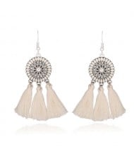 Sunflower Long Cotton Thread Tassel Scallop Boho Fashion Wholesale Earrings - White