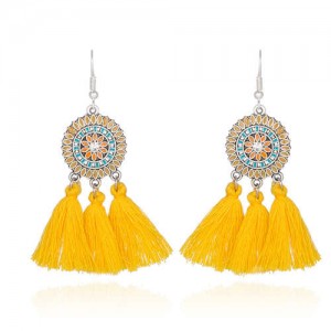 Sunflower Long Cotton Thread Tassel Scallop Boho Fashion Wholesale Earrings - Yellow