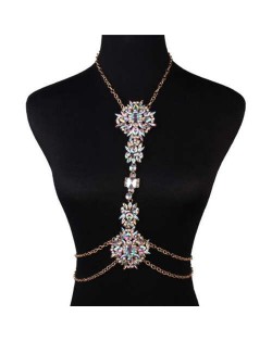 Rhinestone Fashion Ladies Waist Chain with Exaggerated Flower Clavicle Chain Wholesale Body Chain Jewelry