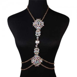 Rhinestone Fashion Ladies Waist Chain with Exaggerated Flower Clavicle Chain Wholesale Body Chain Jewelry