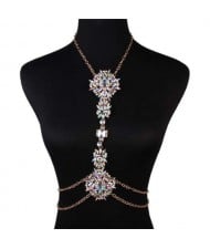 Rhinestone Fashion Ladies Waist Chain with Exaggerated Flower Clavicle Chain Wholesale Body Chain Jewelry