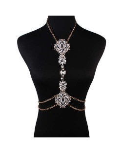 Luxury Shining Rhinestone Waist Chain with Exaggerated Floral Clavicle Chain Wholesale Body Chain Jewelry - White