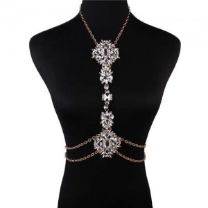 Luxury Shining Rhinestone Waist Chain with Exaggerated Floral Clavicle Chain Wholesale Body Chain Jewelry - White