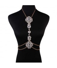Luxury Shining Rhinestone Waist Chain with Exaggerated Floral Clavicle Chain Wholesale Body Chain Jewelry - White