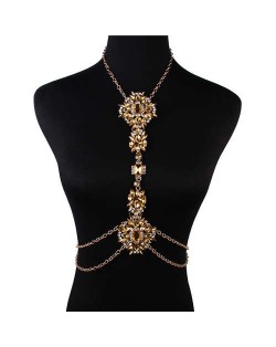 Luxury Shining Rhinestone Waist Chain with Exaggerated Floral Clavicle Chain Wholesale Body Chain Jewelry - Champagne