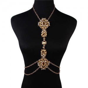 Luxury Shining Rhinestone Waist Chain with Exaggerated Floral Clavicle Chain Wholesale Body Chain Jewelry - Champagne