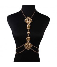 Luxury Shining Rhinestone Waist Chain with Exaggerated Floral Clavicle Chain Wholesale Body Chain Jewelry - Champagne