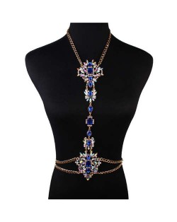 Luxurious Flower Design Fashionable Rhinestone Minimalist Body Chain Wholesale Women Body Jewelry - Blue