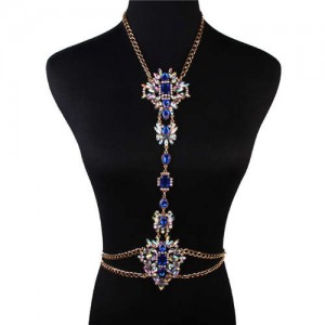 Luxurious Flower Design Fashionable Rhinestone Minimalist Body Chain Wholesale Women Body Jewelry - Blue