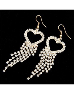 Rhinestones Inlaid Peach Heart Tassels Fashion Earrings - Golden