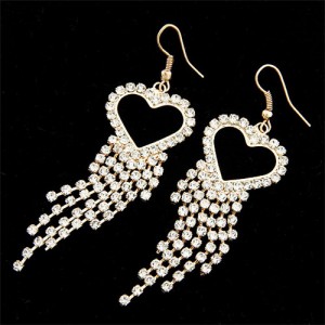 Rhinestones Inlaid Peach Heart Tassels Fashion Earrings - Golden