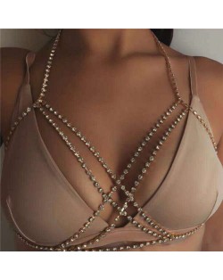 Summer Fashion Bling Rhinestone Embellished Beach Necklace Multilayer Wholesale Body Chain Jewelry - Golden