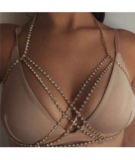 Summer Fashion Bling Rhinestone Embellished Beach Necklace Multilayer Wholesale Body Chain Jewelry - Golden