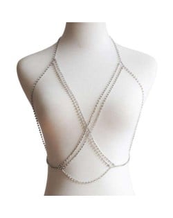 Summer Fashion Bling Rhinestone Embellished Beach Necklace Multilayer Wholesale Body Chain Jewelry - Silver