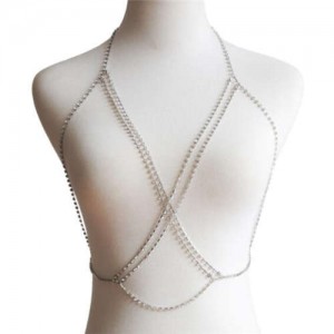 Summer Fashion Bling Rhinestone Embellished Beach Necklace Multilayer Wholesale Body Chain Jewelry - Silver