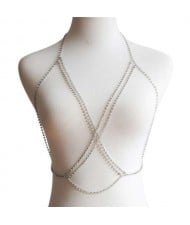 Summer Fashion Bling Rhinestone Embellished Beach Necklace Multilayer Wholesale Body Chain Jewelry - Silver