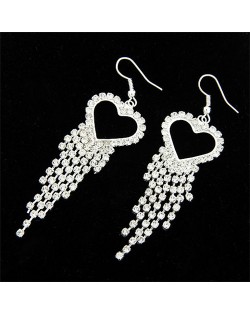 Rhinestones Inlaid Peach Heart Tassels Fashion Earrings - Silver