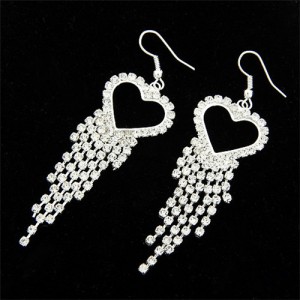 Rhinestones Inlaid Peach Heart Tassels Fashion Earrings - Silver