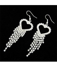 Rhinestones Inlaid Peach Heart Tassels Fashion Earrings - Silver