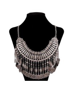 European and American Retro Coins Tassel Collarbone Chain Necklace - Silver