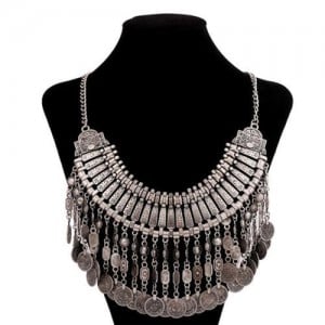 European and American Retro Coins Tassel Collarbone Chain Necklace - Silver