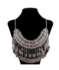 European and American Retro Coins Tassel Collarbone Chain Necklace - Silver