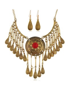 American Retro Geometric Waterdrop Tassel Collarbone Chain Wholesale Necklace and Earrings Set - Golden