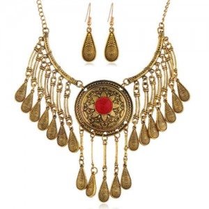 American Retro Geometric Waterdrop Tassel Collarbone Chain Wholesale Necklace and Earrings Set - Golden