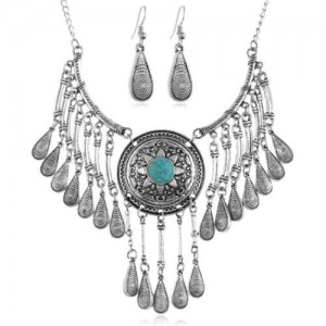 American Retro Geometric Waterdrop Tassel Collarbone Chain Wholesale Necklace and Earrings Set - Silver