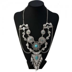 USA Vintage Fashion Artificial Turquoise Embellished Ethnic Style Women Wholesale Costume Necklace - Golden and Blue