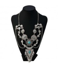 USA Vintage Fashion Artificial Turquoise Embellished Ethnic Style Women Wholesale Costume Necklace - Golden and Blue