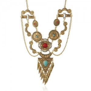 USA Vintage Fashion Artificial Turquoise Embellished Ethnic Style Women Wholesale Costume Necklace - Golden and Multicolor