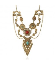 USA Vintage Fashion Artificial Turquoise Embellished Ethnic Style Women Wholesale Costume Necklace - Golden and Multicolor